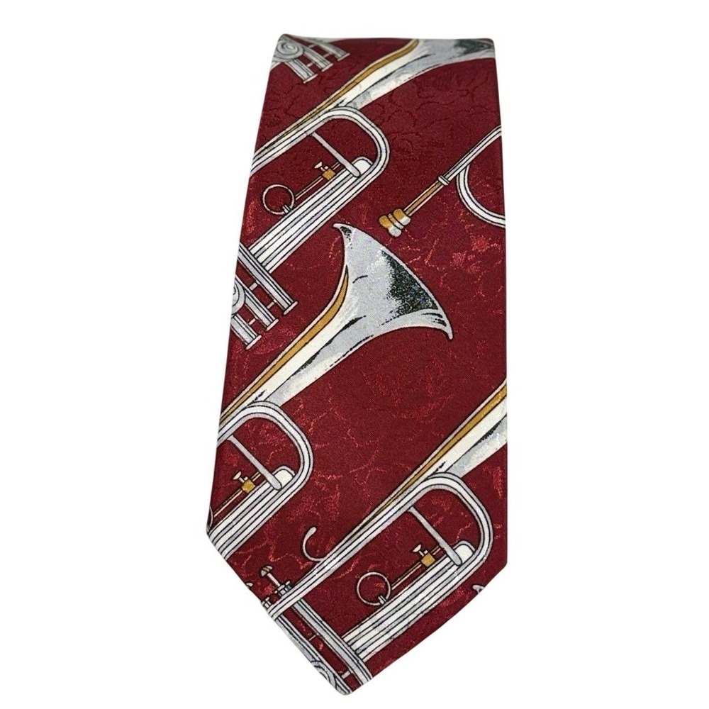 Renaissance Men's Handmade Woven Polyester Tie Red Trumpet Music Pattern 56"